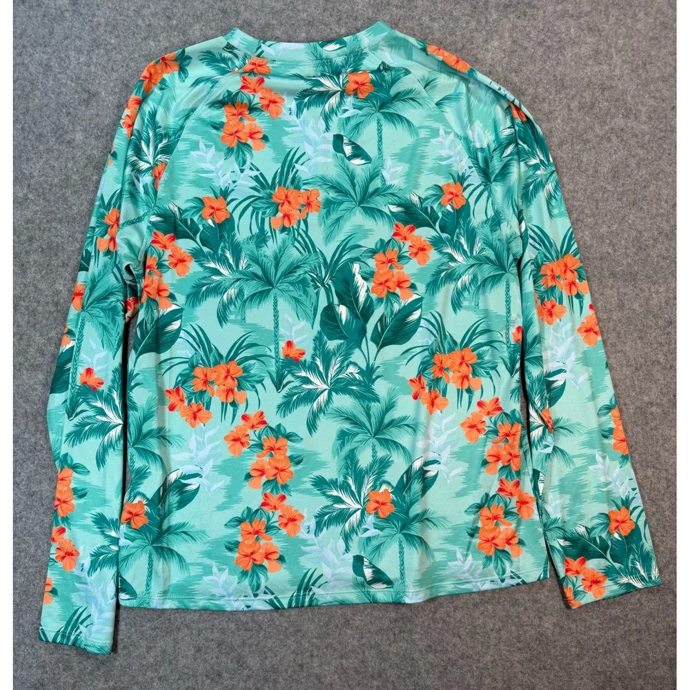 Robert Graham Mens Teal Tropical Palm Floral UPF 50+ Rash Guard Swim Shirt M NEW